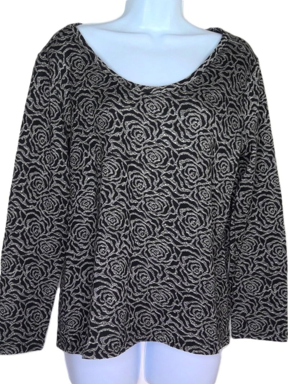LOFT Outlet Dressy Top Black & Silver Shimmer Floral 3/4 Sleeve Scoop Neck Sz L